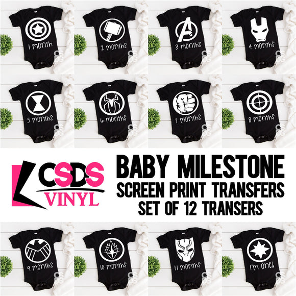 Screen Print Transfer - Superhero Baby Milestone Set of 12 INFANT - White DISCONTINUED