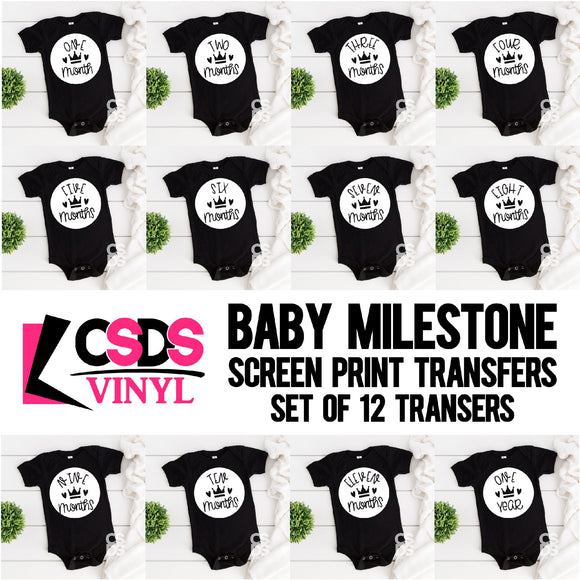 Screen Print Transfer - Princess Crown Baby Milestone Set of 12 INFANT - White DISCONTINUED