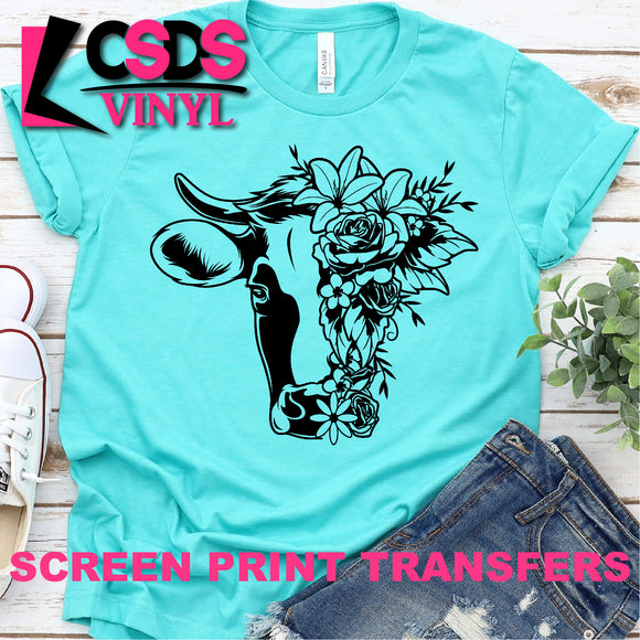 Screen Print Transfer - Floral Cow - Black