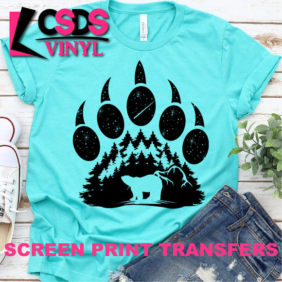 Screen Print Transfer - Bear Paw Print Forest Scene - Black