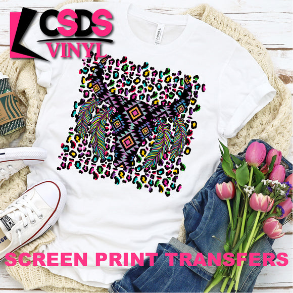 Screen Print Transfer - Colorful Leopard Aztec Cow Skull - Full Color *HIGH HEAT* DISCONTINUED