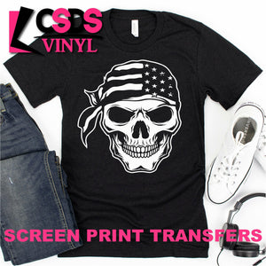 Screen Print Transfer - Skull with American Flag Bandana - White