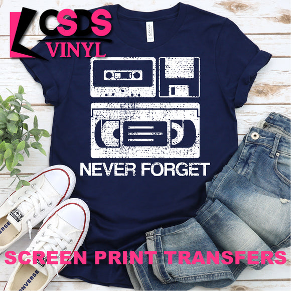 Screen Print Transfer - Never Forget VHS, Cassette, Floppy Disk - White
