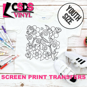 Screen Print Transfer - Flowers and Butterflies Coloring Page YOUTH - Black