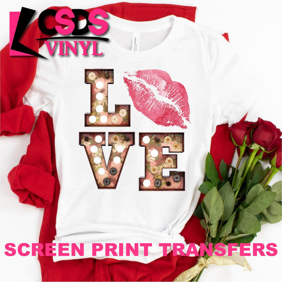 Screen Print Transfer - Love Marquee Lights with Pink Lips - Full Color *HIGH HEAT*