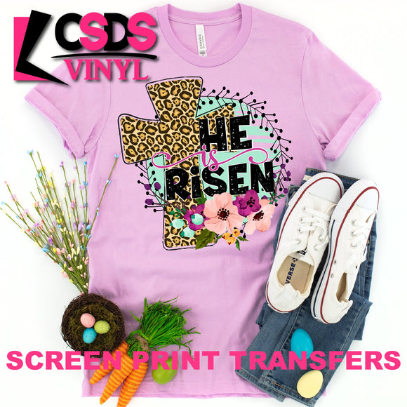 Screen Print Transfer - He is Risen Leopard Cross - Full Color *HIGH HEAT*