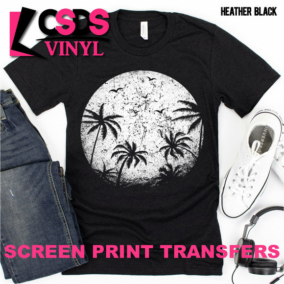 Screen Print Transfer - Palm Trees and Birds in the Sky - White