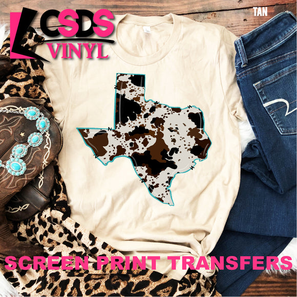 Screen Print Transfer - Cowhide Texas - Full Color *HIGH HEAT*