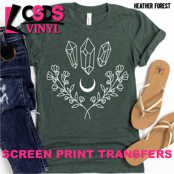 Screen Print Transfer - Crystals Moon Flowers - White