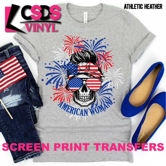 Screen Print Transfer - American Woman Patriotic Skull - Full Color *HIGH HEAT*