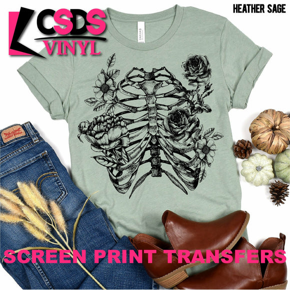 Screen Print Transfer - Floral Skeleton Chest - Black