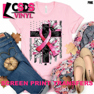 Screen Print Transfer - Pink Ribbon Floral Cross - Full Color *HIGH HEAT*