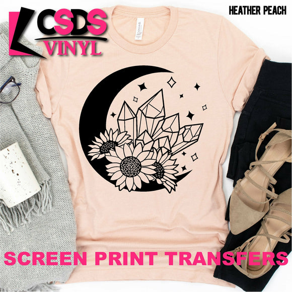 Screen Print Transfer - Flowers Crystals and the Moon - Black
