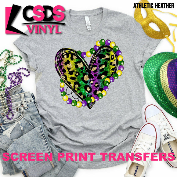 Screen Print Transfer - Leopard Mardi Gras Heart - Full Color *HIGH HEAT*