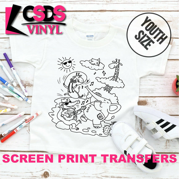 Screen Print Transfer - Animal Party in the Sun Coloring Page YOUTH - Black