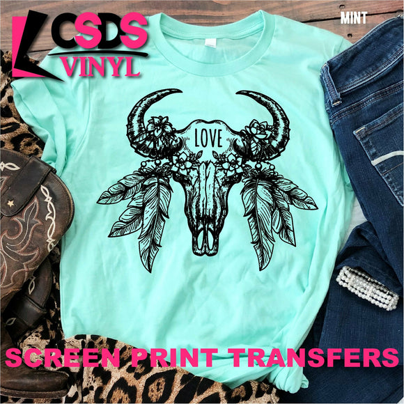 Screen Print Transfer - Love Boho Cow Skull with Feathers - Black