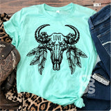 Screen Print Transfer - Love Boho Cow Skull with Feathers - Black