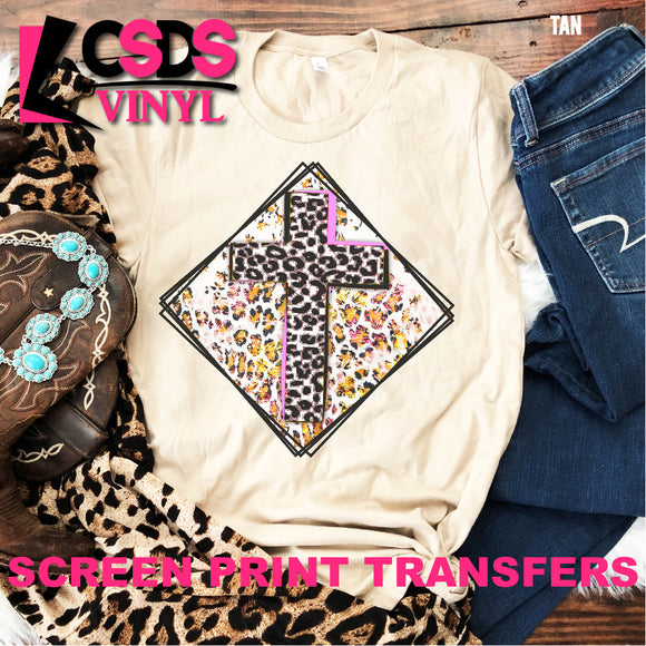 Screen Print Transfer - Leopard Boho Cross - Full Color *HIGH HEAT*
