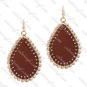 Monogram Ready Earrings - Leather Teardrop with Beading - Brown/Ivory