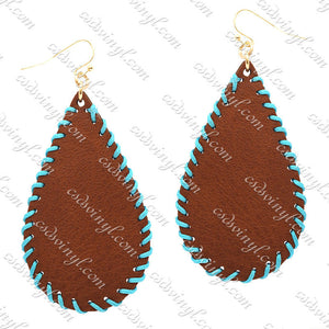 Monogram Ready Earrings - Leather Teardrop - Brown with Teal Stitching