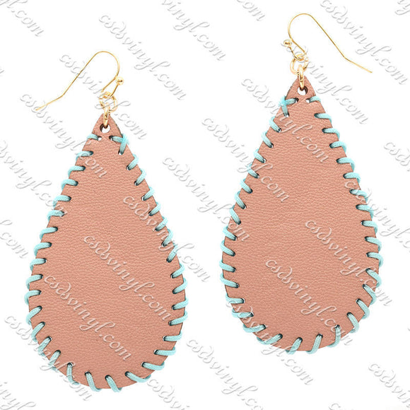 Monogram Ready Earrings - Leather Teardrop - Blush with Light Blue Stitching