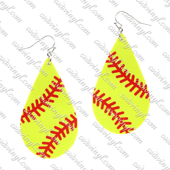 Monogram Ready Earrings - Leather Teardrop - Softball Yellow with Red Stitches
