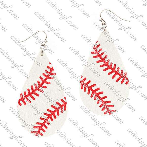 Monogram Ready Earrings - Leather Teardrop - Baseball White with Red Stitches